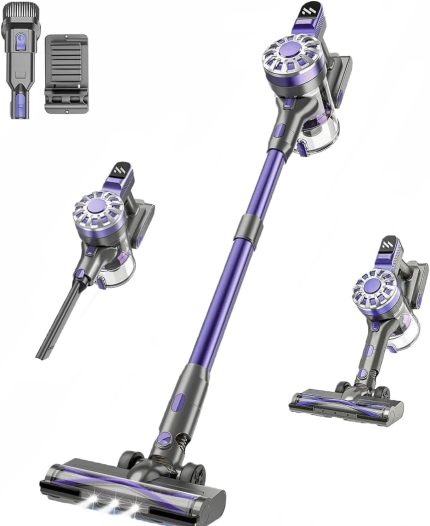 Cordless Vacuum Cleaner, 6 in 1 Lightweight Stick Vacuum with Rechargeable Battery, Handheld Conversion, LED Headlights & 180° Swivel Brush, for Hardwood Floor Carpet Pet Hair Stairs Car(Light Purple)