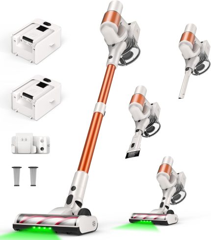 Cordless Vacuum Cleaner, 2 Batteries 110 Mins Runtime, 600W 50KPA Stick Vacuum with Self-Standing, Tangle-Free Brush, LED Display, Vacuum Cleaner for Home Hardwood Floor, Carpet, Pet Hair