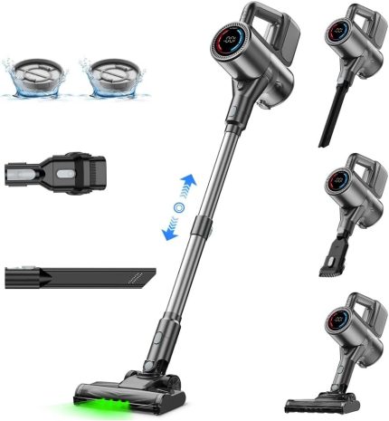 Cordless Vacuum Cleaner 500W/40KPA/40Mins, Lightweight Stick Vacuum with LED Display and Green Headlights, 6-Stages Filtration, Self-Standing Vacuum for Home Hard Floor Carpet, Silver