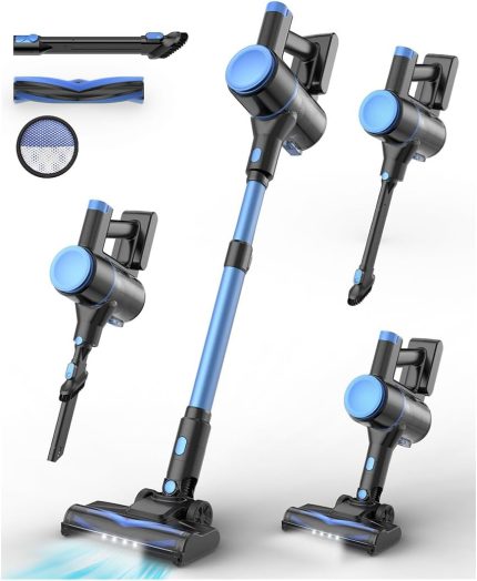 N8 Cordless Vacuum Cleaner,Lightweight Stick Vacuum with Powerful Suction,2200mAh Battery, 40 Mins Runtime,Self-Standing,Rechargeable Vacuum Cleaners for Home Hardwood Floor Carpet Pet Hair (Cerulean)