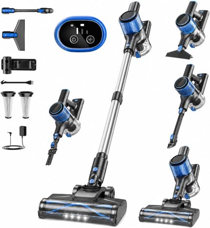 Cordless Vacuum Cleaner, 8 in 1 Powerful Suction Lightweight Vacuum Cleaner for Home, LED Display, 3 Suction Modes, 45Mins Detachable Battery Vacuum for Hard Floor Carpet Pet Hair