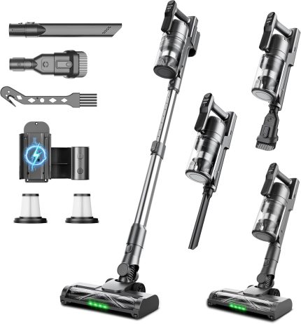 Cordless Vacuum Cleaner, Upgraded 600W 55KPA 55mins Vacuum Cleaners for Home,Powerful Stick Vacuum with Anti-Tangle & Wall Mount Charging, Lightweight Vacuum for Pet Hair Hardwood Floor Carpet