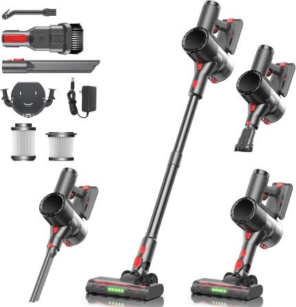 Cordless Vacuum Cleaner, Stick Vacuum Rechargeable, 550W 45KPA Powerful Suction Lightweight Vacuum Cleaners for Home, Anti-Tangle, Self Standing for Pet Hair Hardwood Floor Carpet - Black