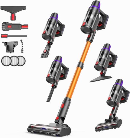Cordless Vacuum Cleaner for Home, 550W 45KPa Powerful Suction with HEPA Filter, 60 Min Runtime,Self-Standing, Anti-Tangle Brush, LED Light for Pet Hair, Carpets, Hard Floor